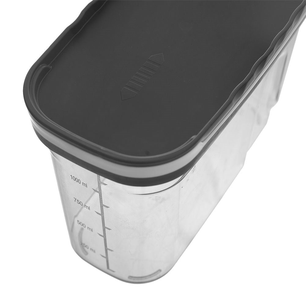 Container with dosing lid and measuring scale for dry goods