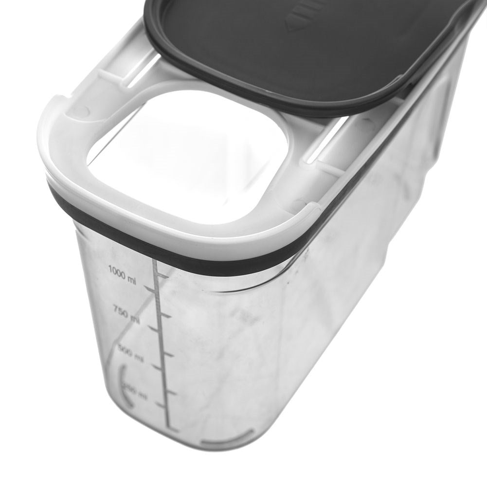 Container with dosing lid and measuring scale for dry goods