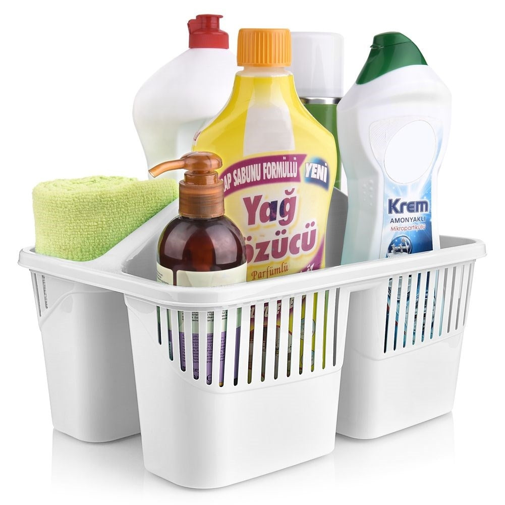 Convenient white storage box with handle for cleaning agents