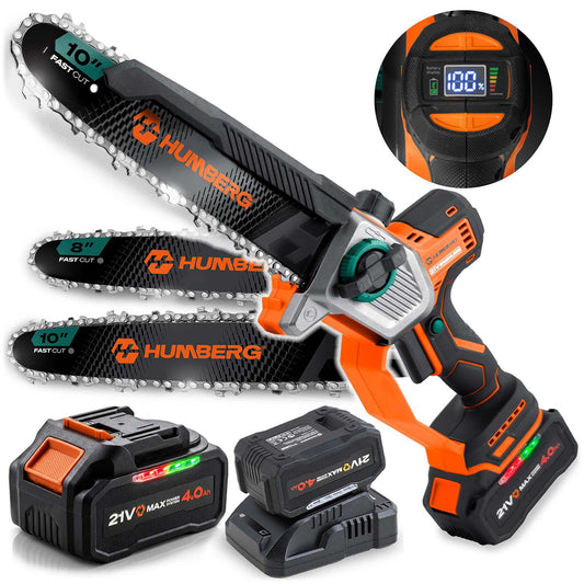 Cordless Chainsaw 21V 4Ah, 10" & 8" Guide Bars, Kit