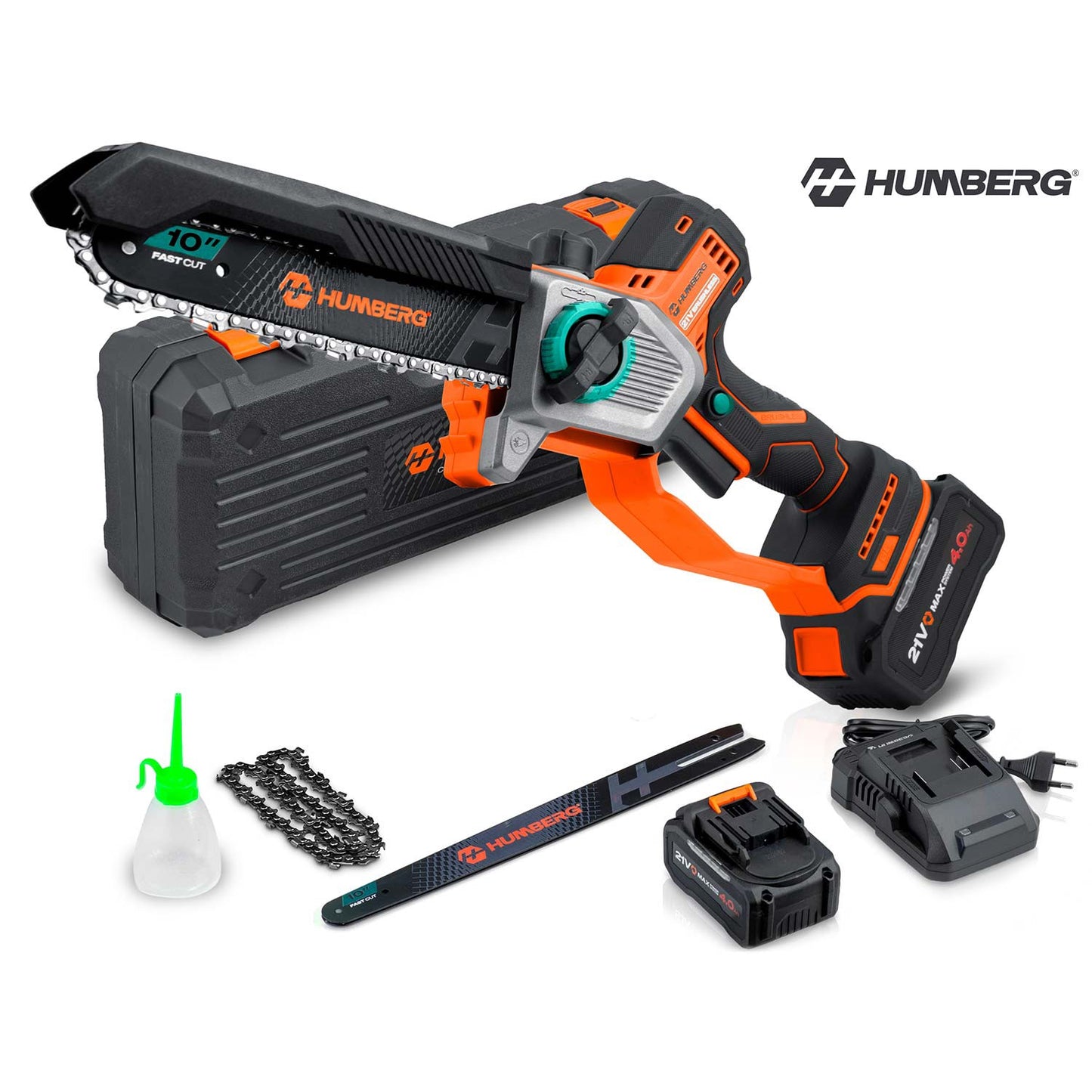 Cordless Chainsaw 21V 4Ah, 10" & 8" Guide Bars, Kit