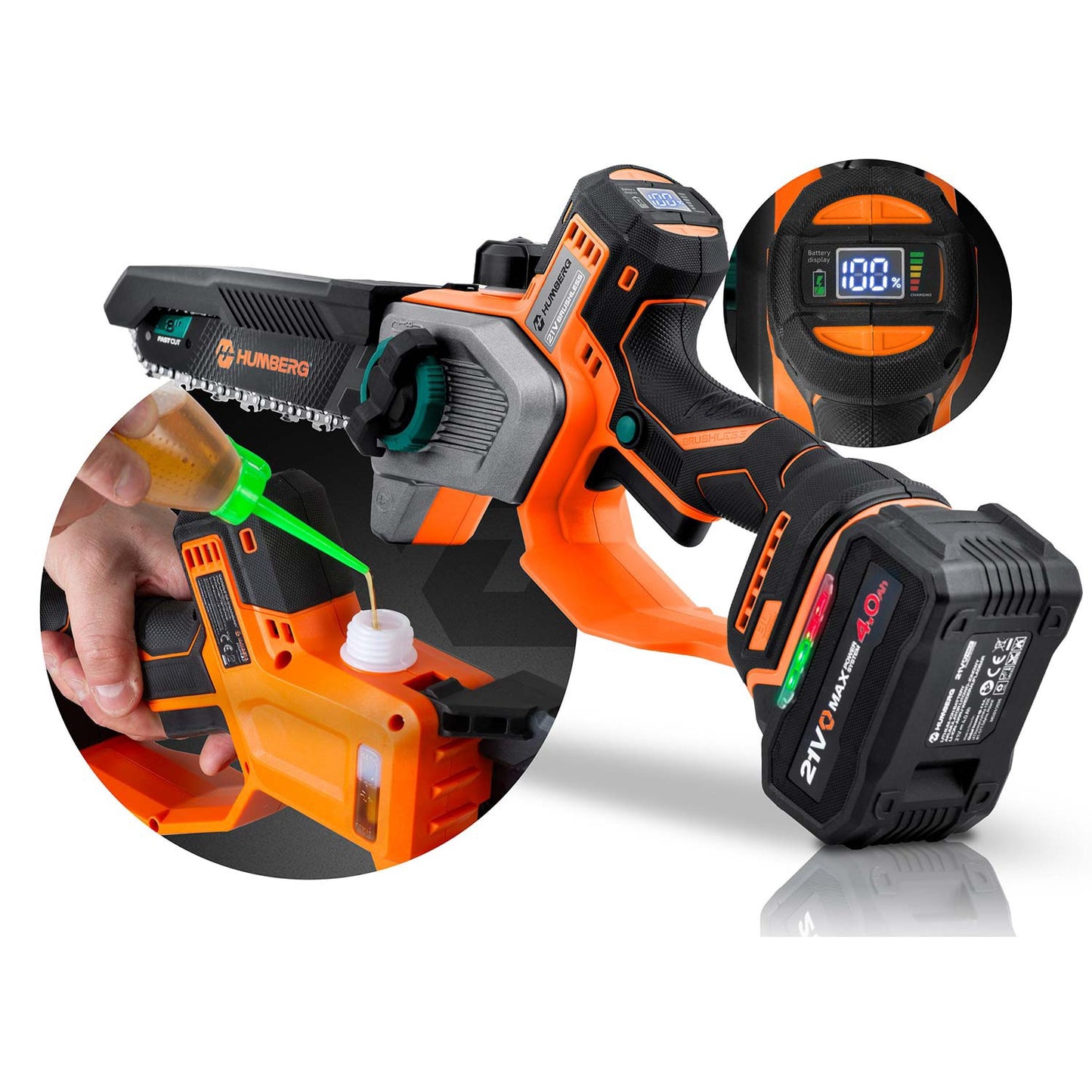 Cordless Chainsaw 21V 4Ah, 10" & 8" Guide Bars, Kit