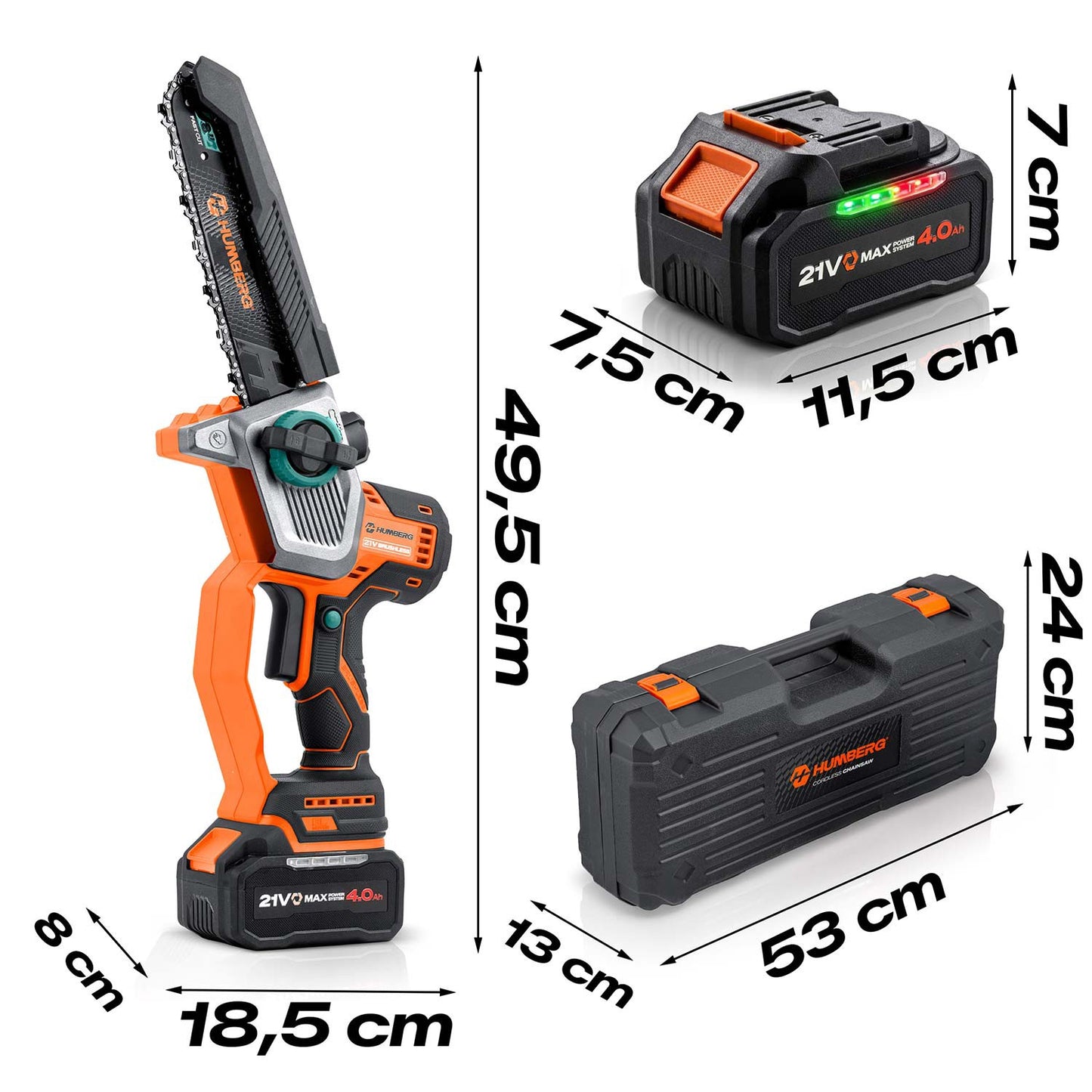 Cordless Chainsaw 21V 4Ah, 10" & 8" Guide Bars, Kit