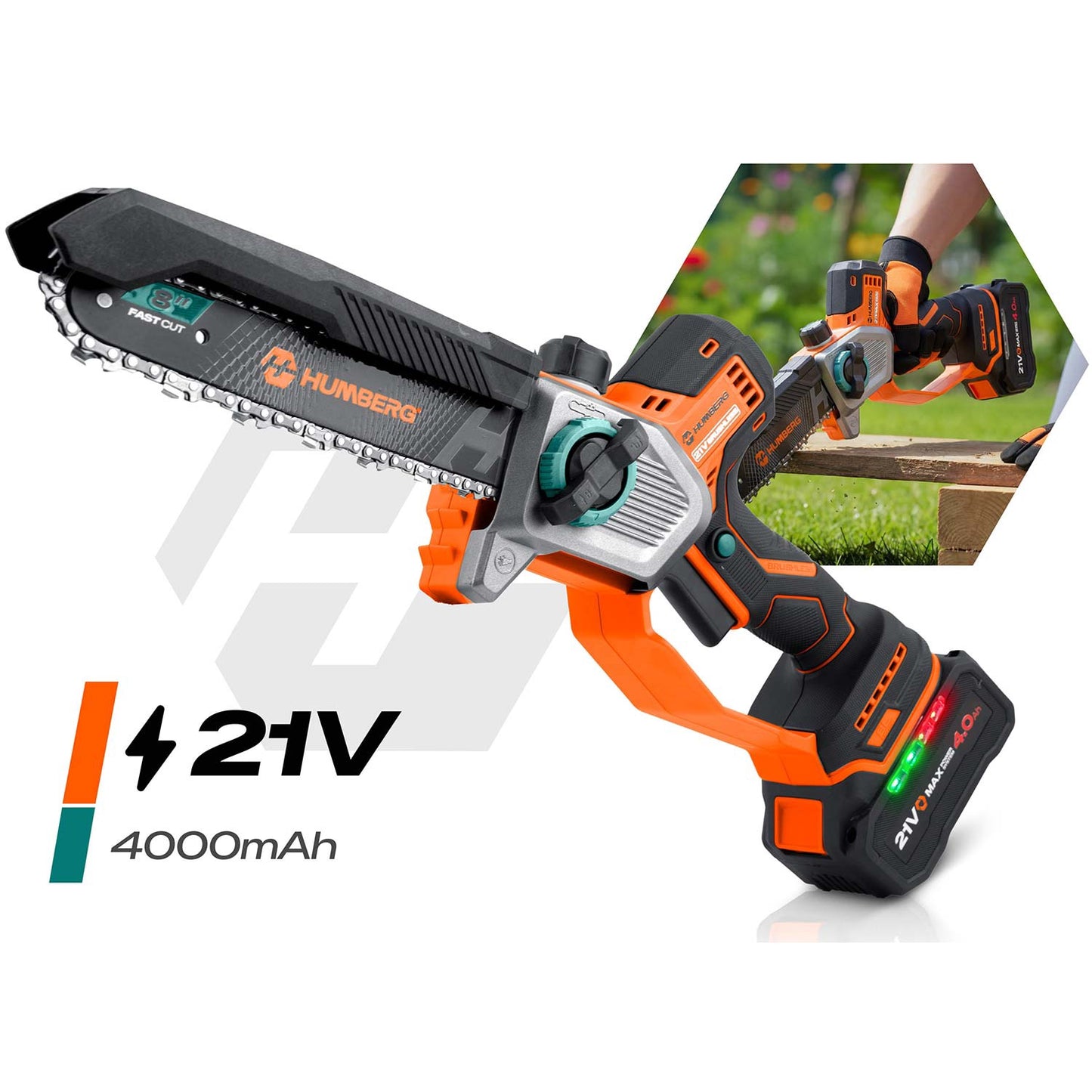 Cordless Chainsaw 21V 4Ah, 10" & 8" Guide Bars, Kit