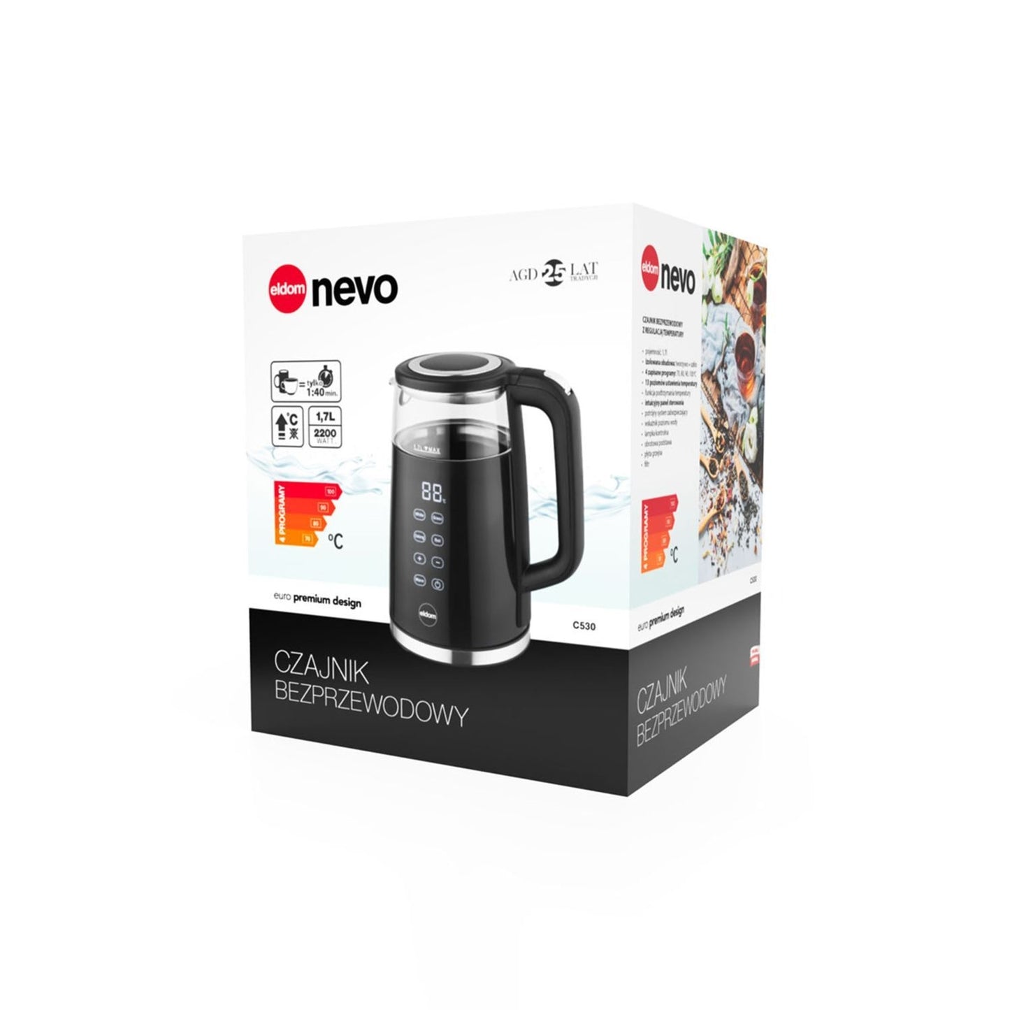 Cordless Electric Kettle 1.7L, 2200W, Temp Control