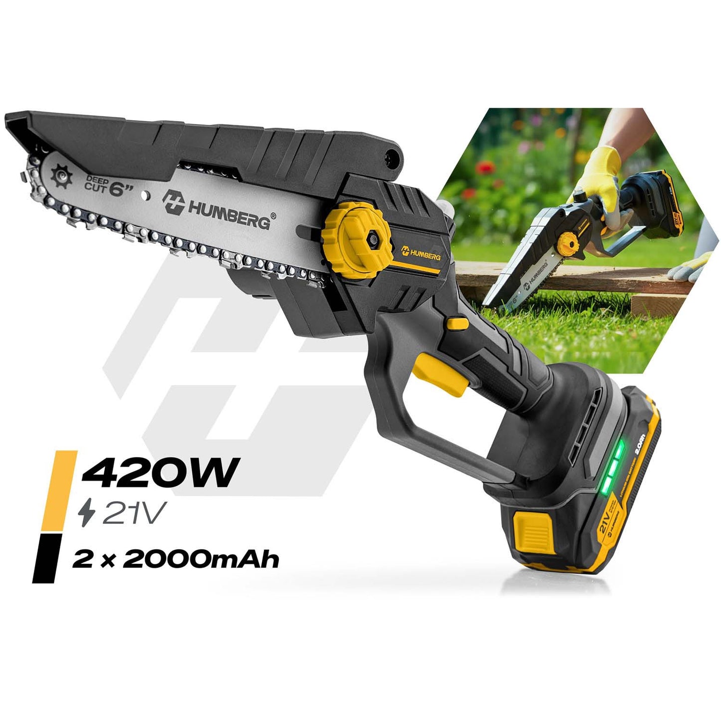 Cordless Mini Chainsaw, Brushless Motor, 2x 21V Batteries