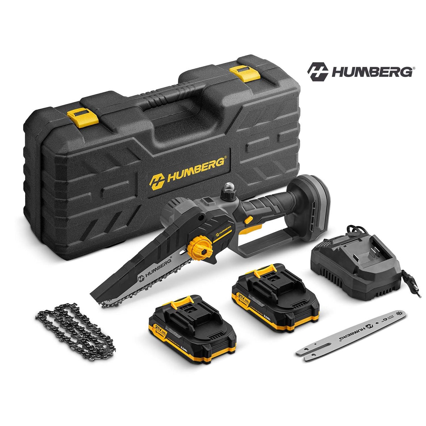 Cordless Mini Chainsaw, Brushless Motor, 2x 21V Batteries