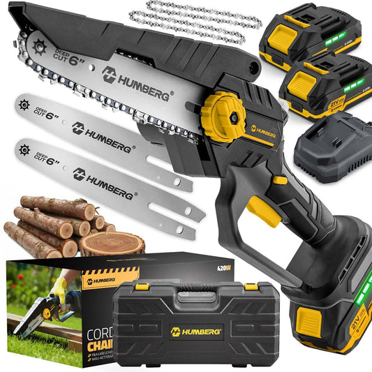 Cordless Mini Chainsaw, Brushless Motor, 2x 21V Batteries