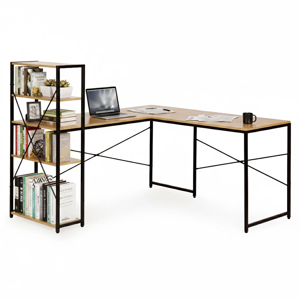 Corner Desk with 4 Shelves, MDF & Metal, Loft Style