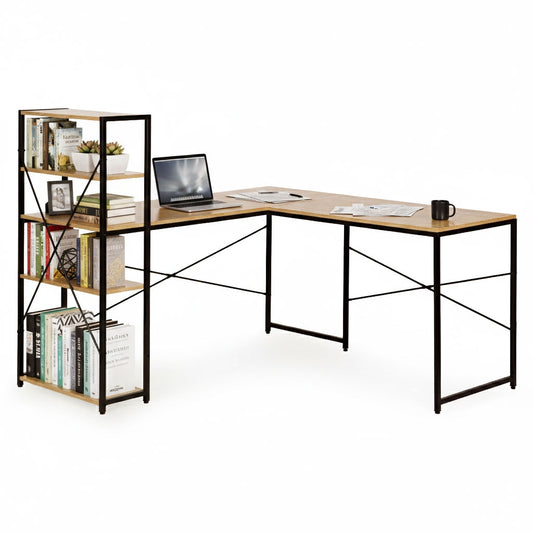 Corner Desk with 4 Shelves, MDF & Metal, Loft Style