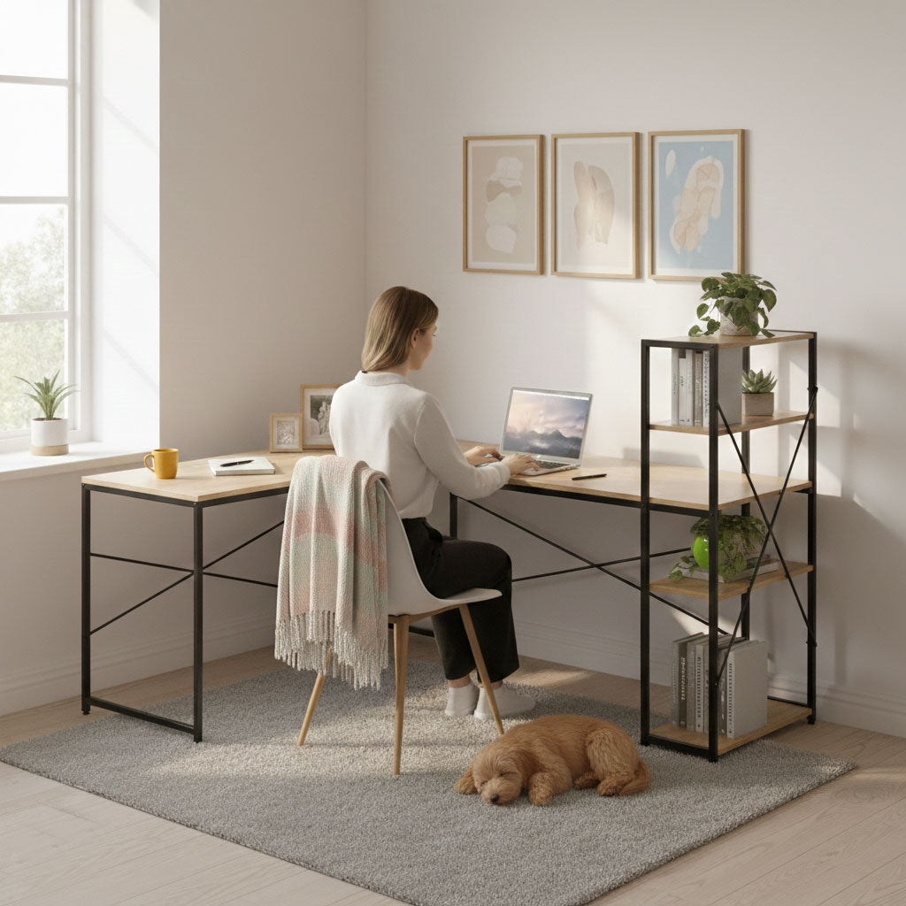 Corner Desk with 4 Shelves, MDF & Metal, Loft Style