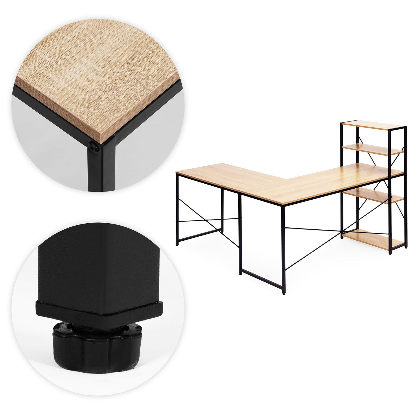 Corner Desk with 4 Shelves, MDF & Metal, Loft Style