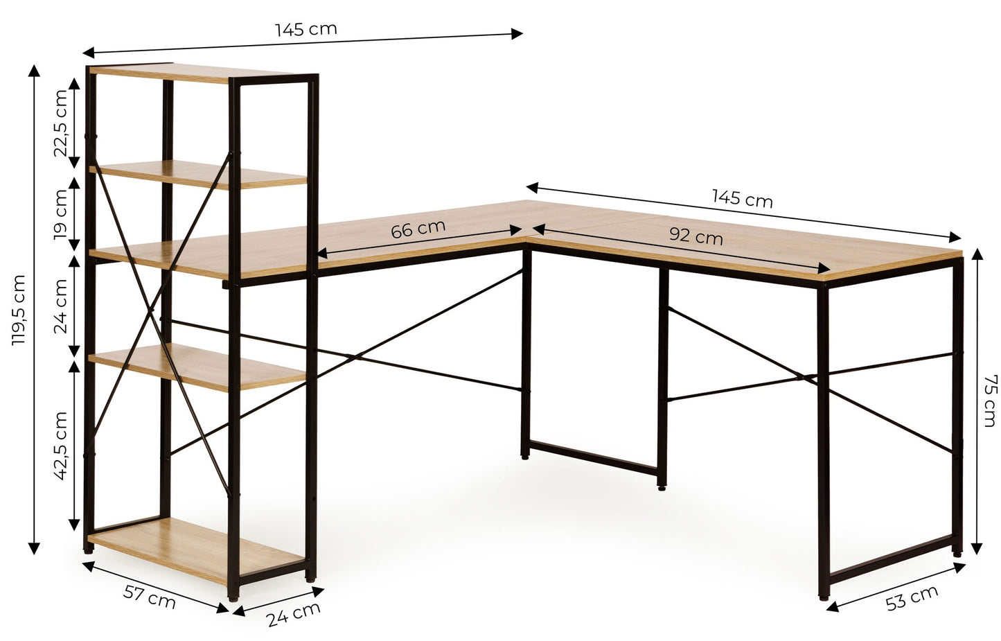 Corner Desk with 4 Shelves, MDF & Metal, Loft Style