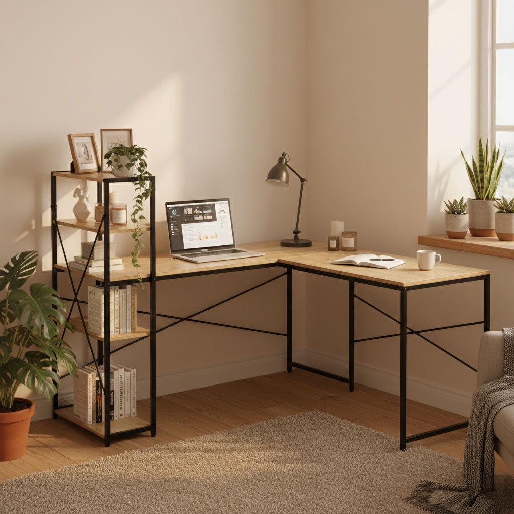 Corner Desk with 4 Shelves, MDF & Metal, Loft Style