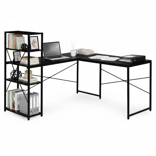 Corner Desk with 4 Shelves, MDF and Metal, Black