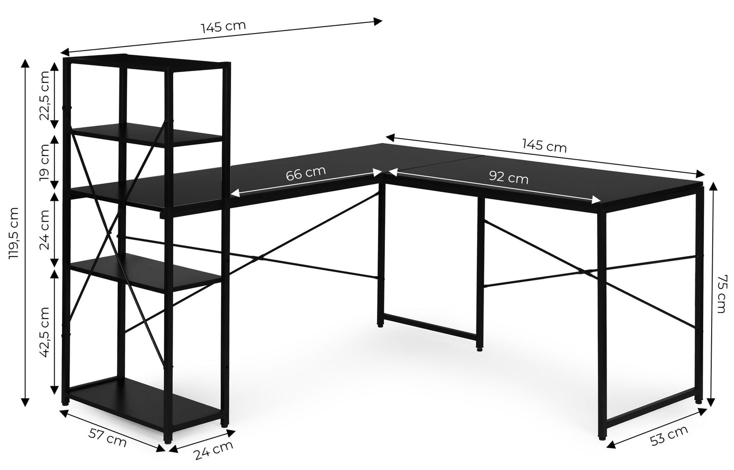 Corner Desk with 4 Shelves, MDF and Metal, Black