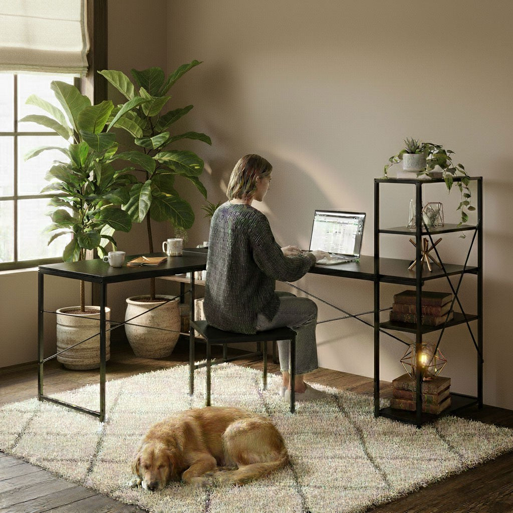 Corner Desk with 4 Shelves, MDF and Metal, Black