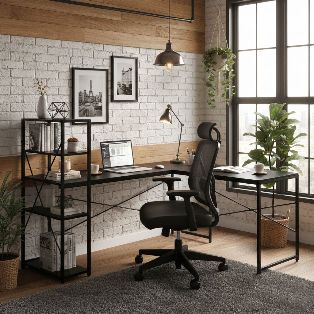 Corner Desk with 4 Shelves, MDF and Metal, Black