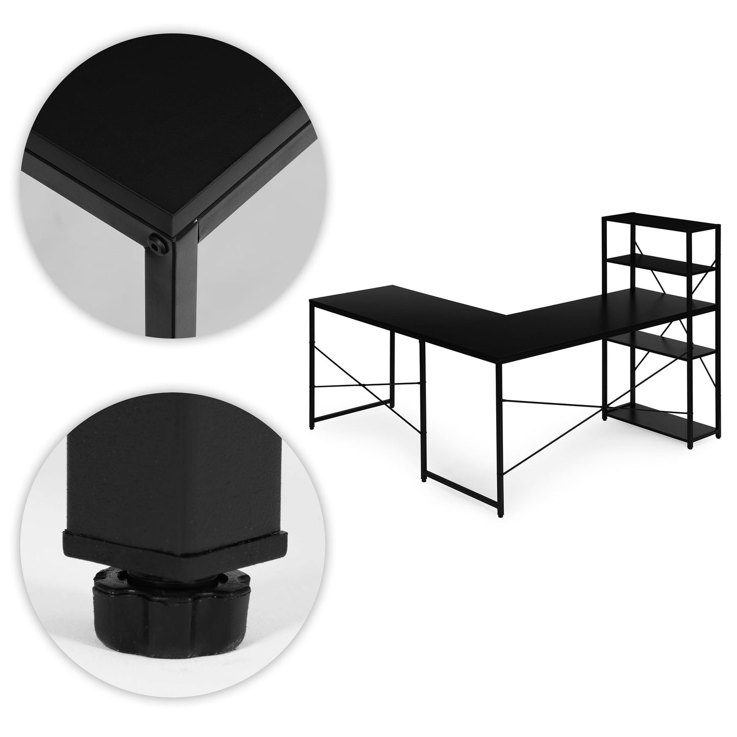 Corner Desk with 4 Shelves, MDF and Metal, Black