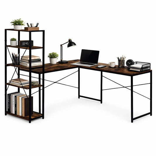 Corner Desk with Shelves, MDF & Metal, Loft Style
