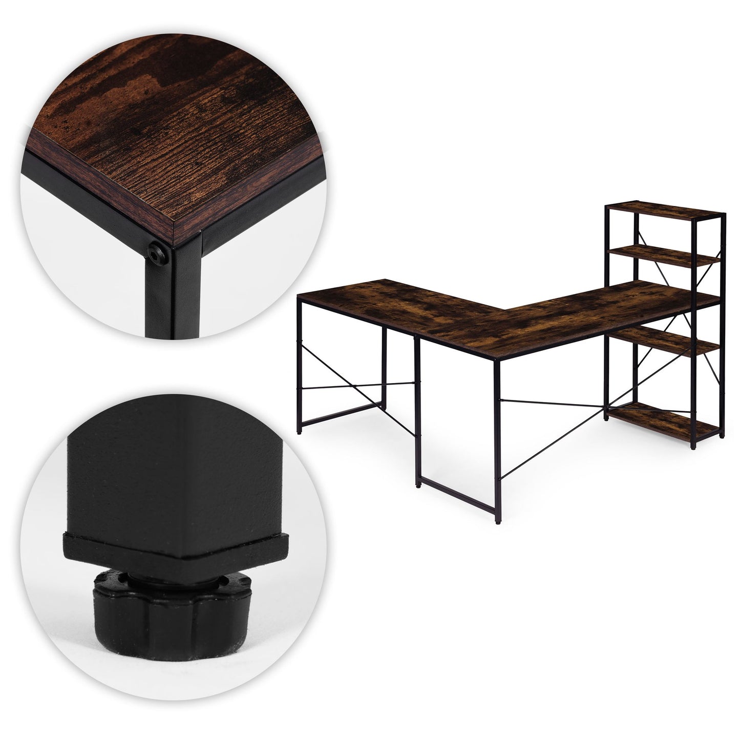Corner Desk with Shelves, MDF & Metal, Loft Style