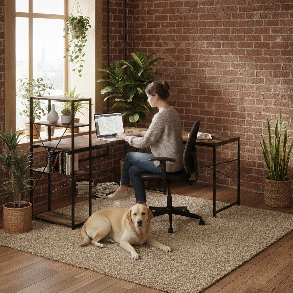 Corner Desk with Shelves, MDF & Metal, Loft Style