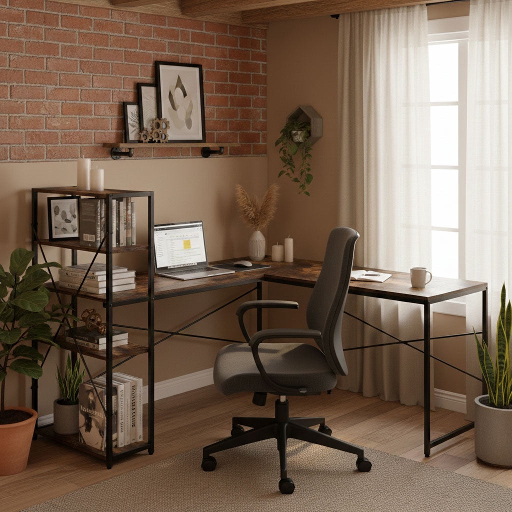 Corner Desk with Shelves, MDF & Metal, Loft Style