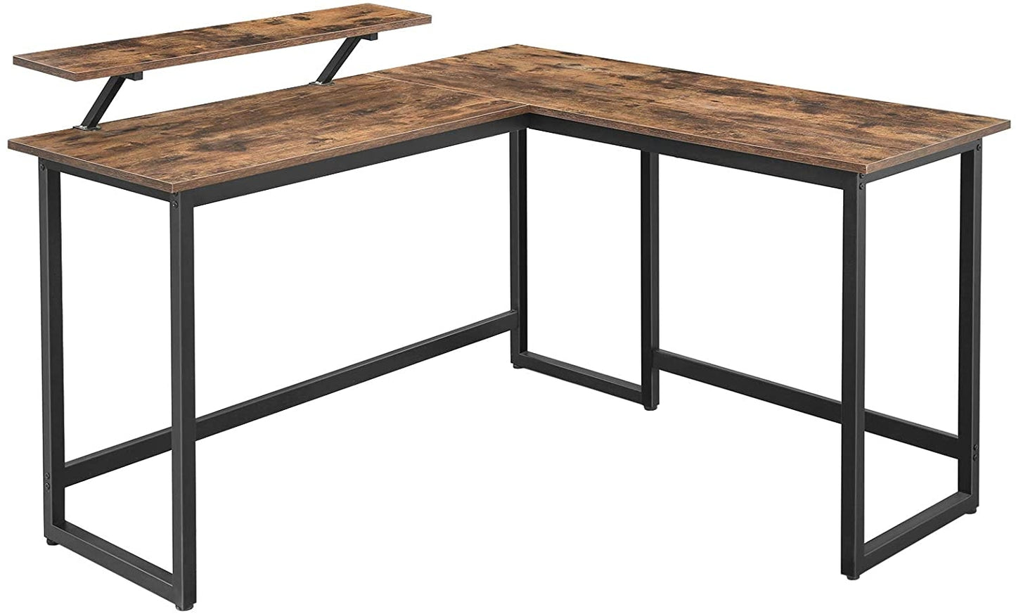 Corner brown steel computer desk with additional shelf