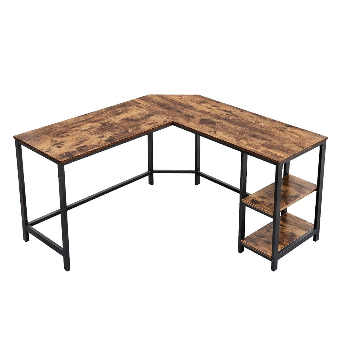 Corner computer desk, brown, steel structure, two shelves