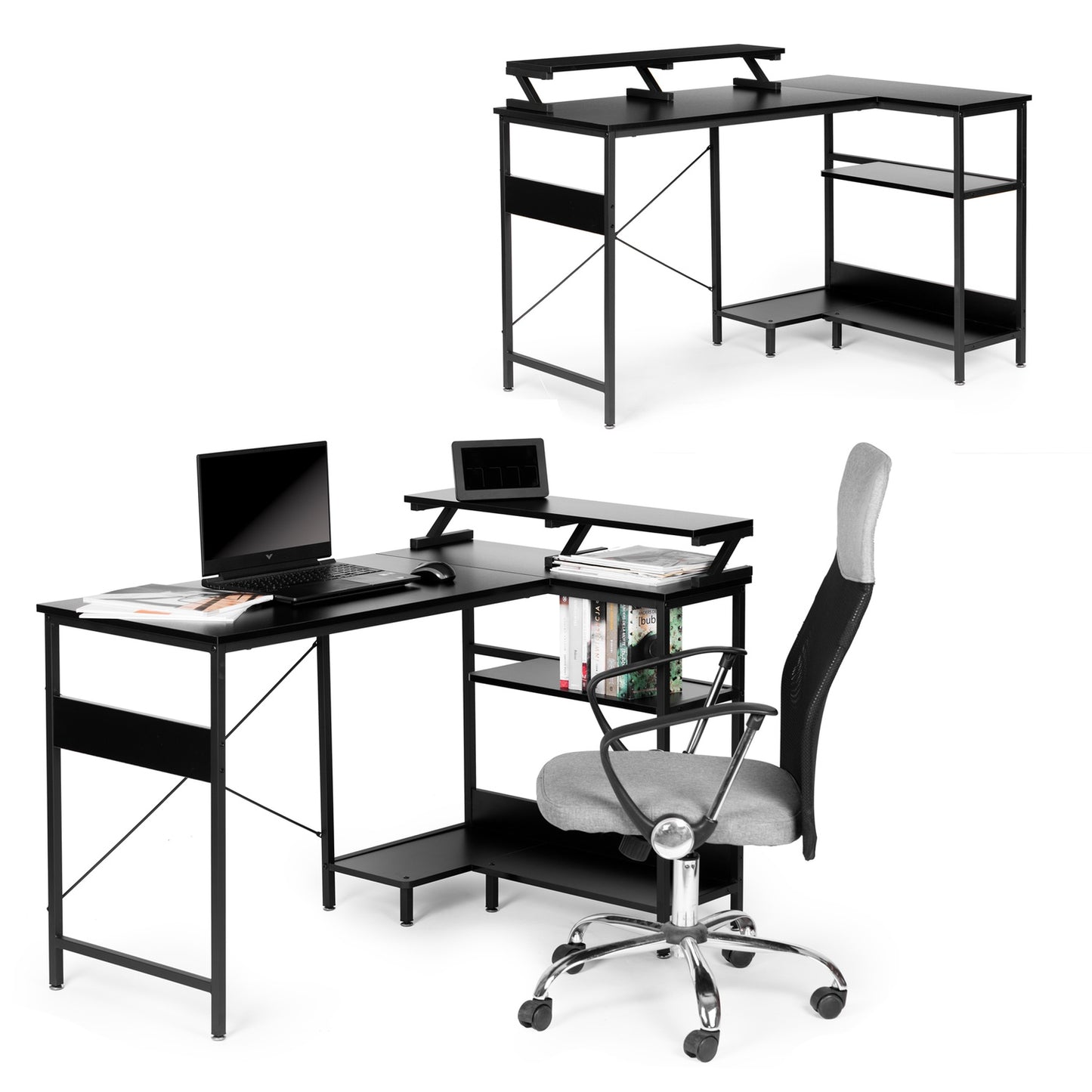 Corner computer desk table with 3 black shelves