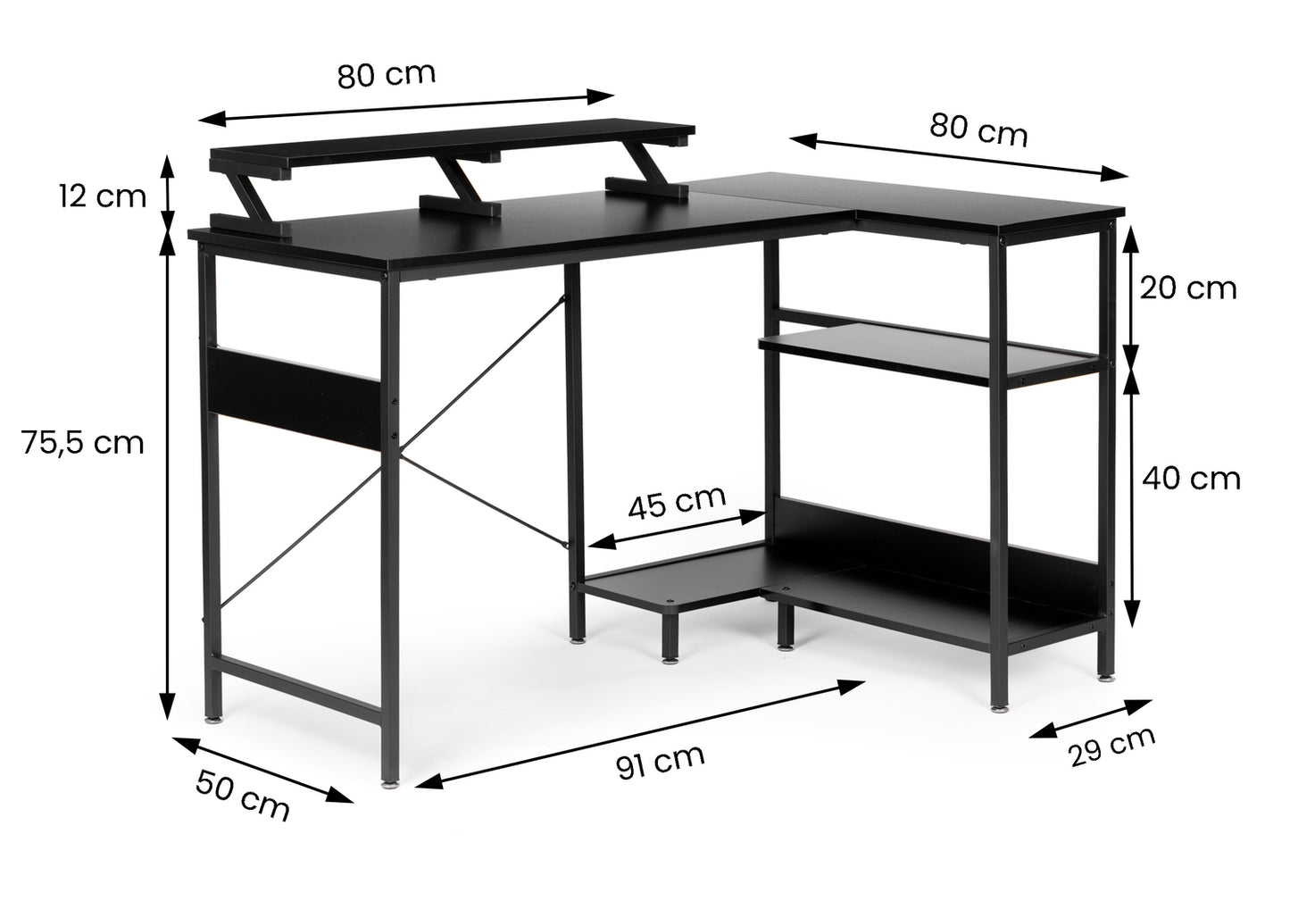 Corner computer desk table with 3 black shelves