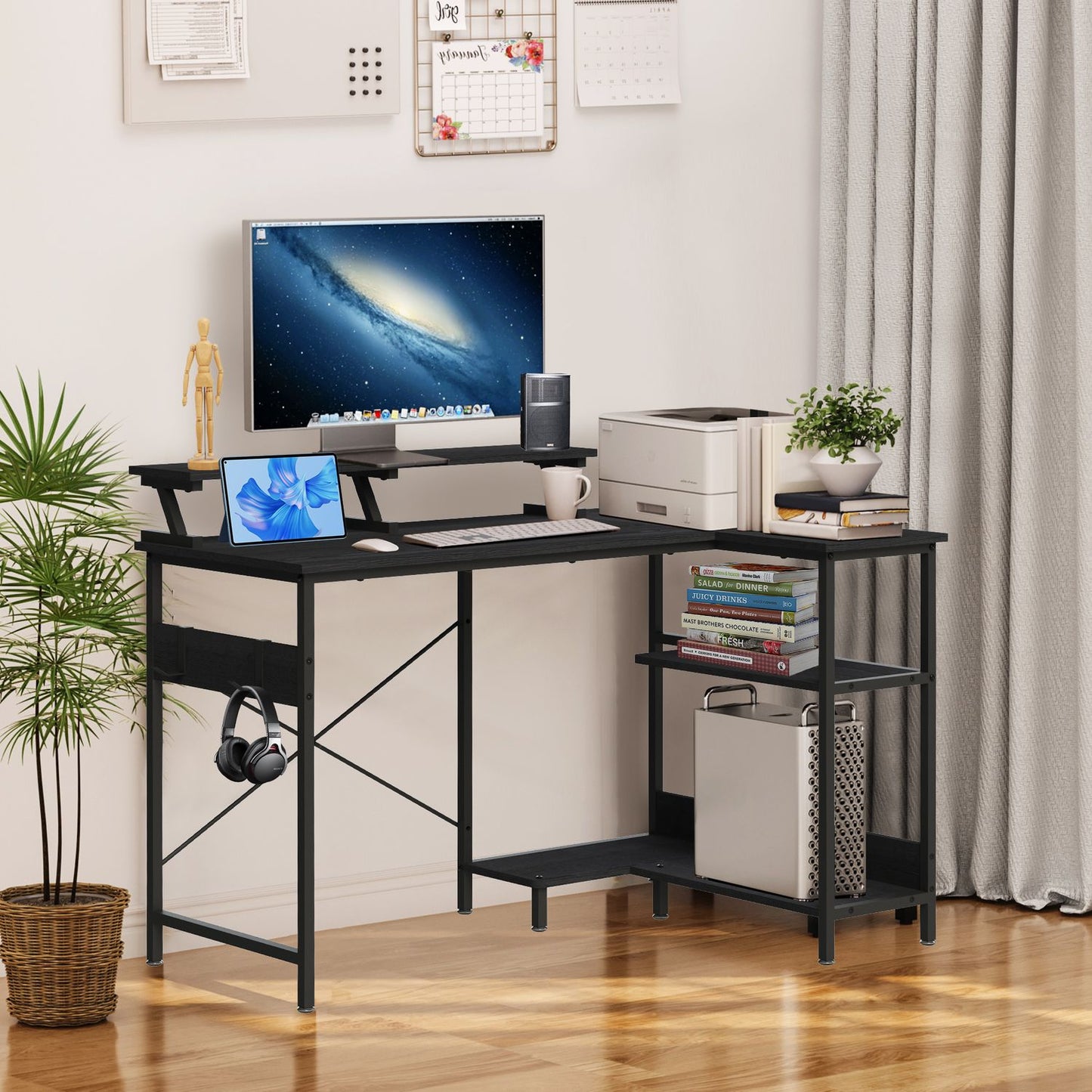Corner computer desk table with 3 black shelves