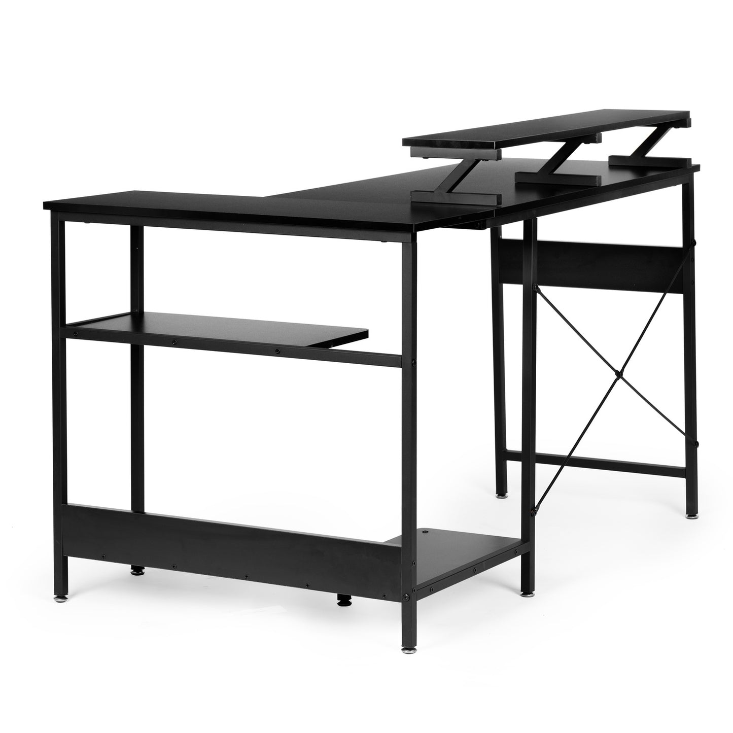 Corner computer desk table with 3 black shelves