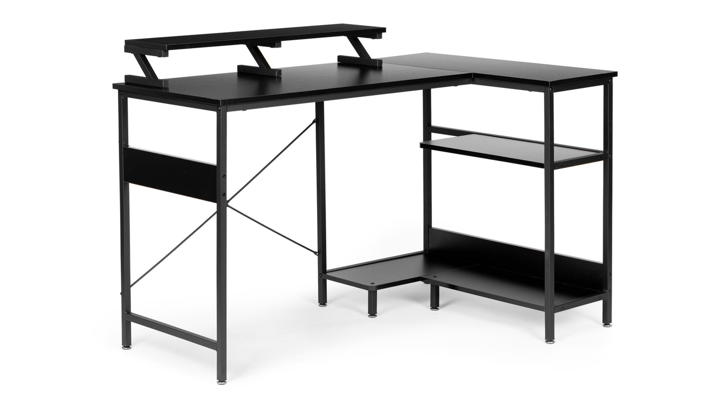 Corner computer desk table with 3 black shelves