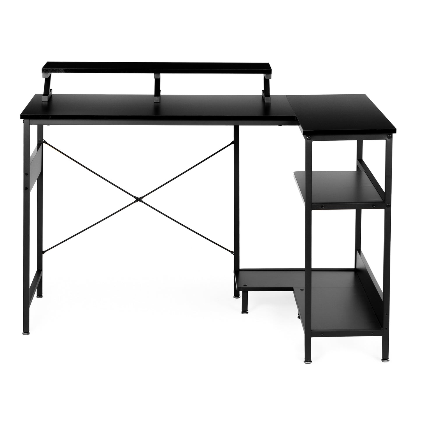 Corner computer desk table with 3 black shelves