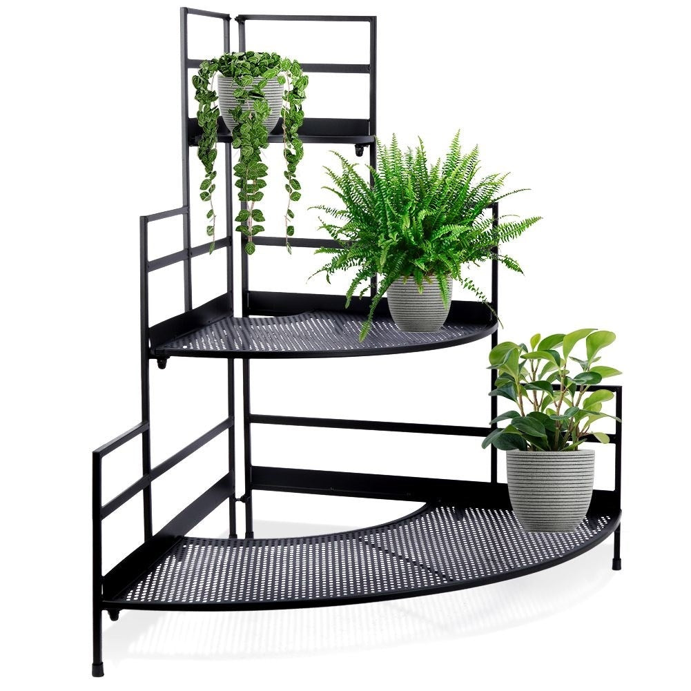Corner shelf with three levels for flowers and herbs