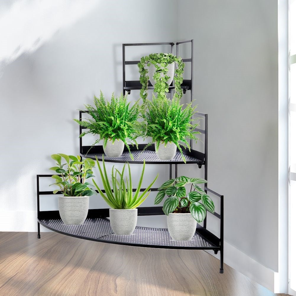 Corner shelf with three levels for flowers and herbs