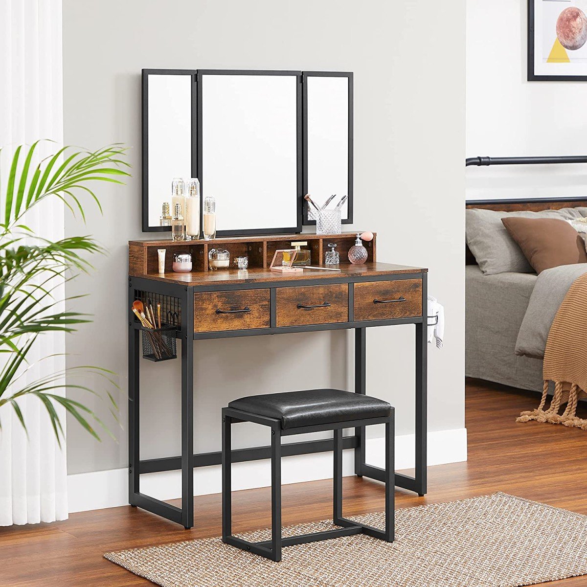 Cosmetic dressing table, large fold-out mirror, stool
