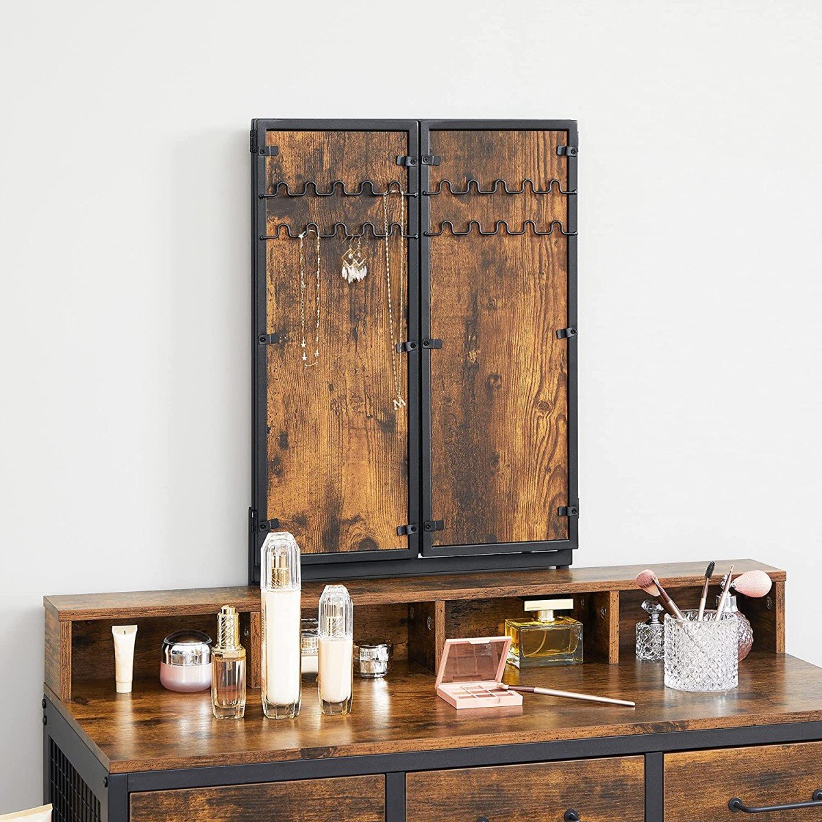 Cosmetic dressing table, large fold-out mirror, stool