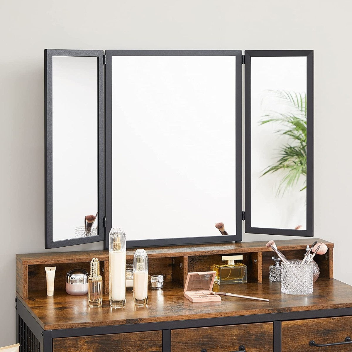 Cosmetic dressing table, large fold-out mirror, stool
