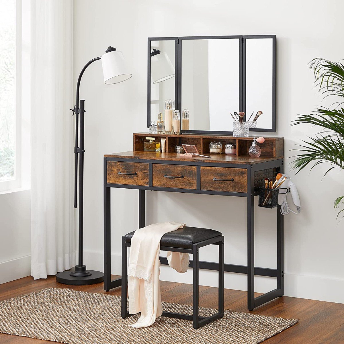 Cosmetic dressing table, large fold-out mirror, stool