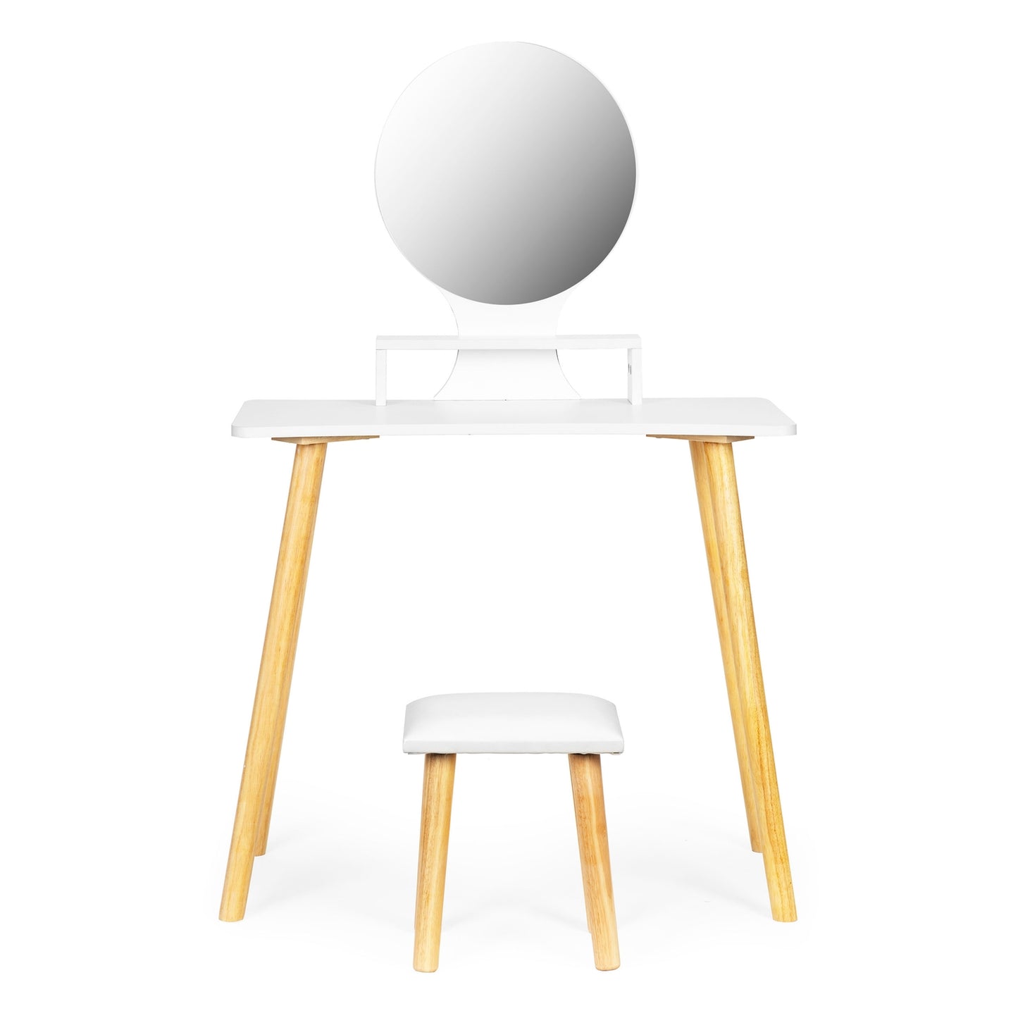 Cosmetic dressing table with stool and mirror shelf
