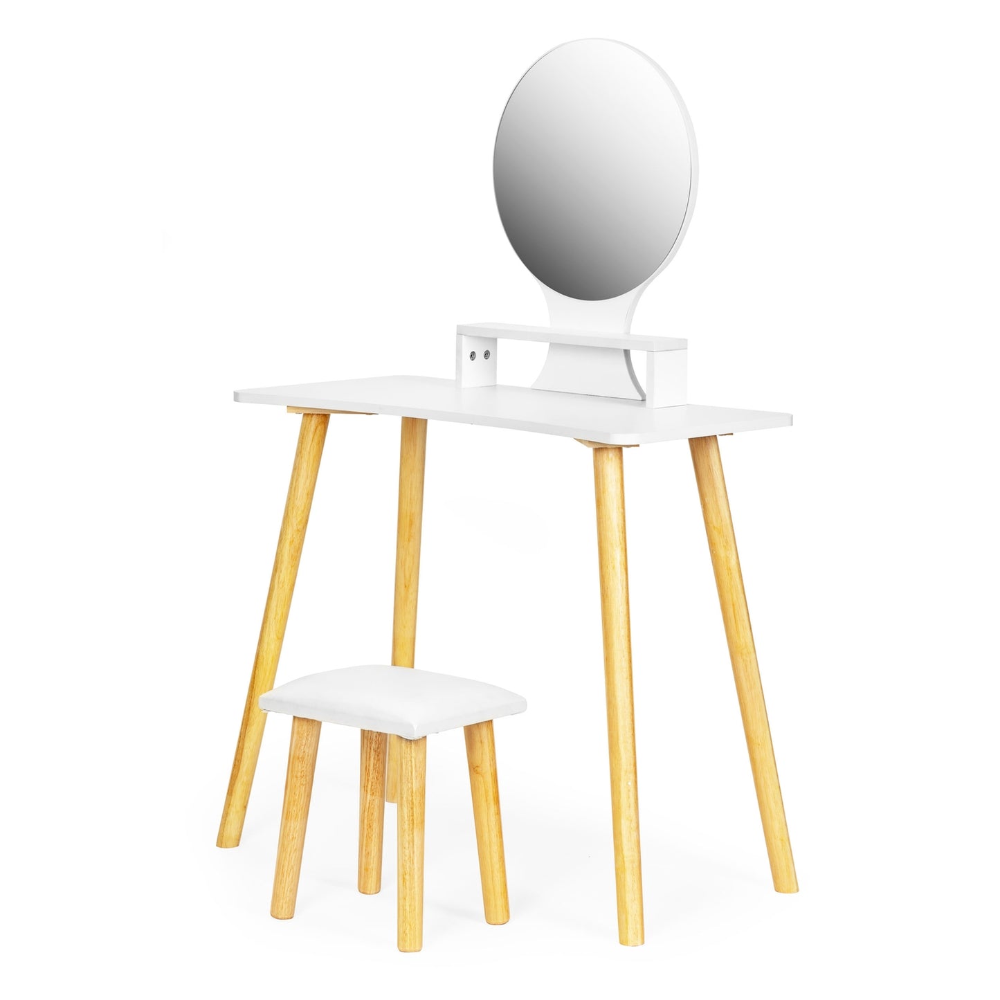 Cosmetic dressing table with stool and mirror shelf