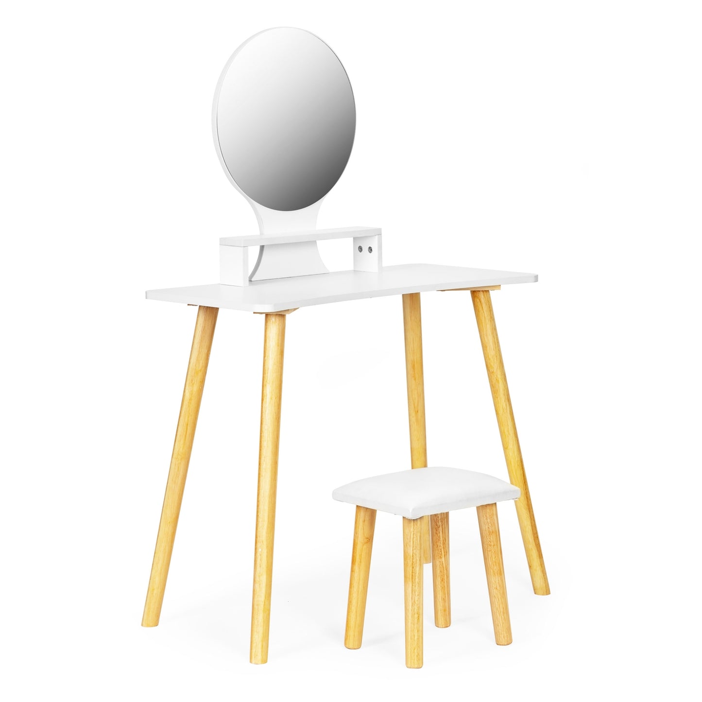 Cosmetic dressing table with stool and mirror shelf