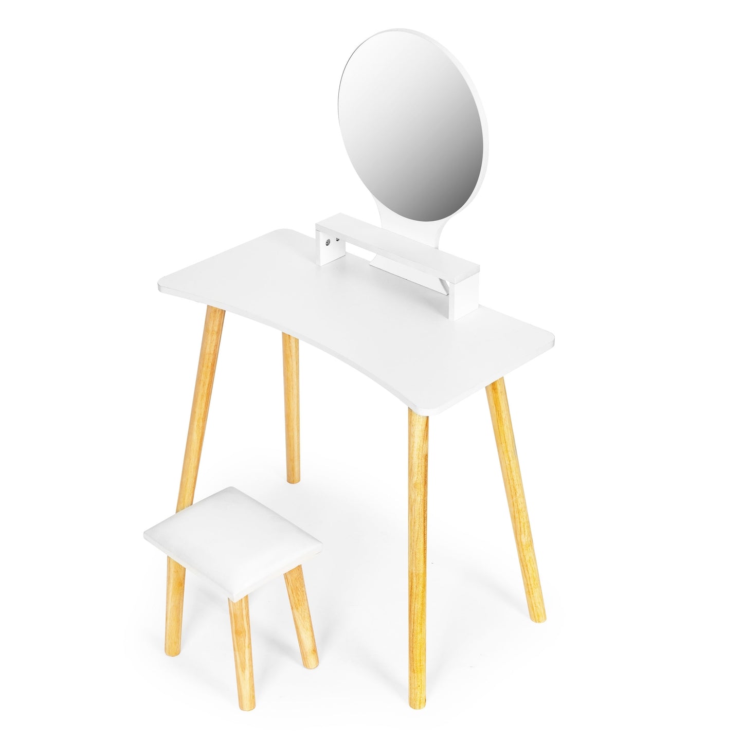 Cosmetic dressing table with stool and mirror shelf