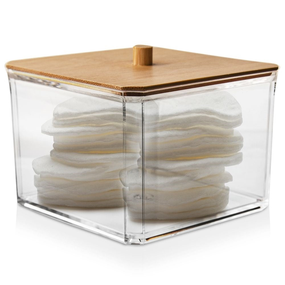 Cotton pad container in acrylic and bamboo for the dressing table