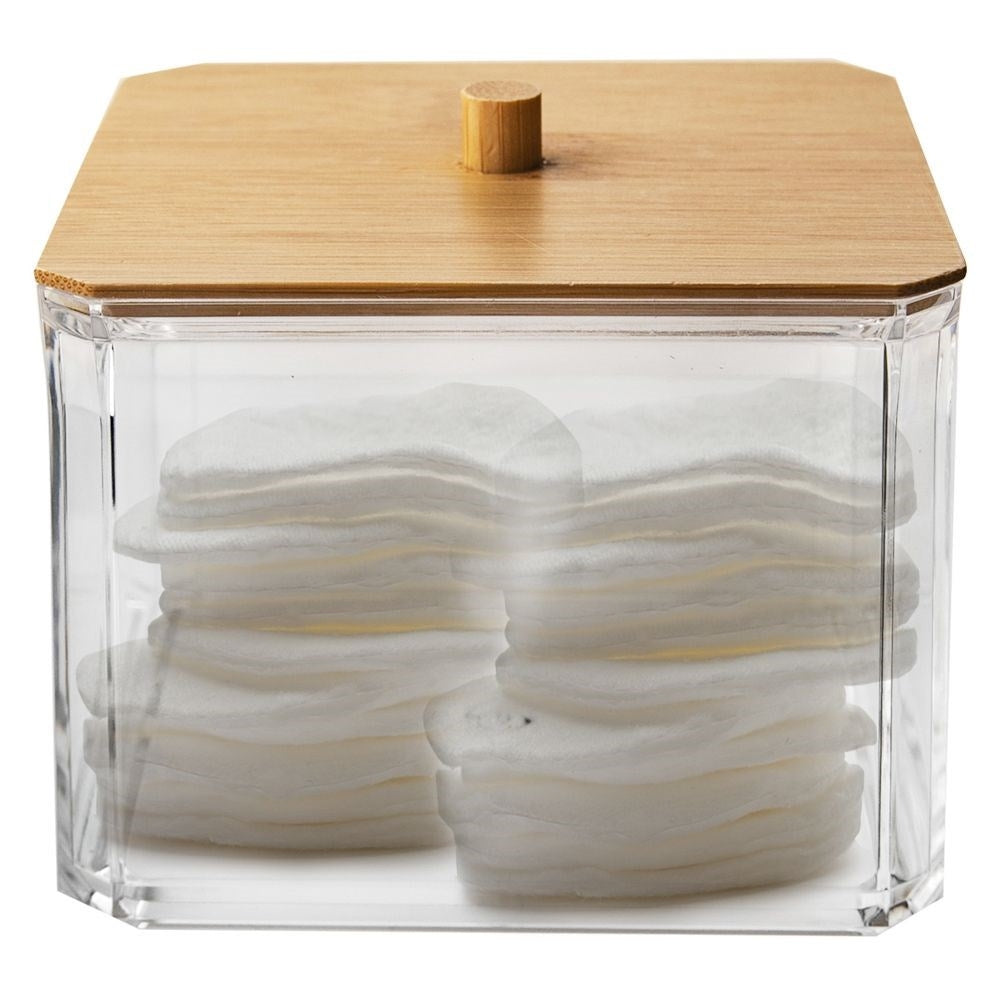 Cotton pad container in acrylic and bamboo for the dressing table