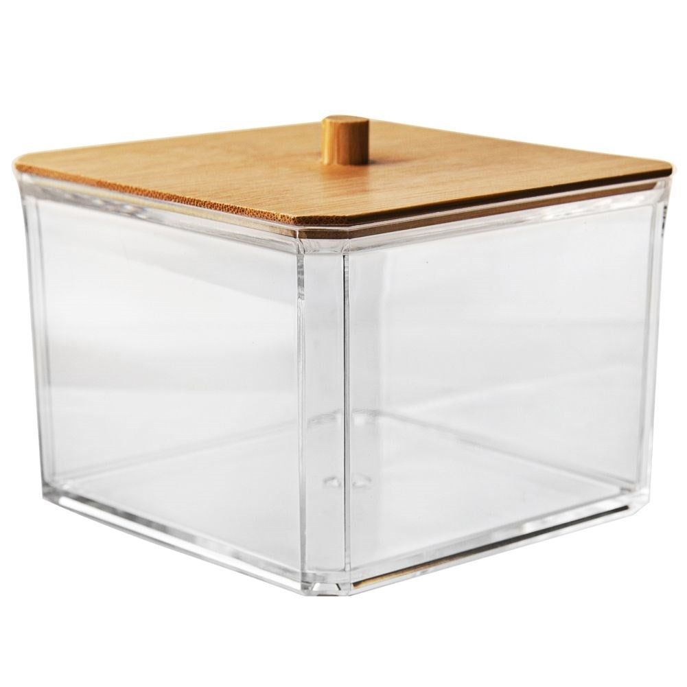 Cotton pad container in acrylic and bamboo for the dressing table