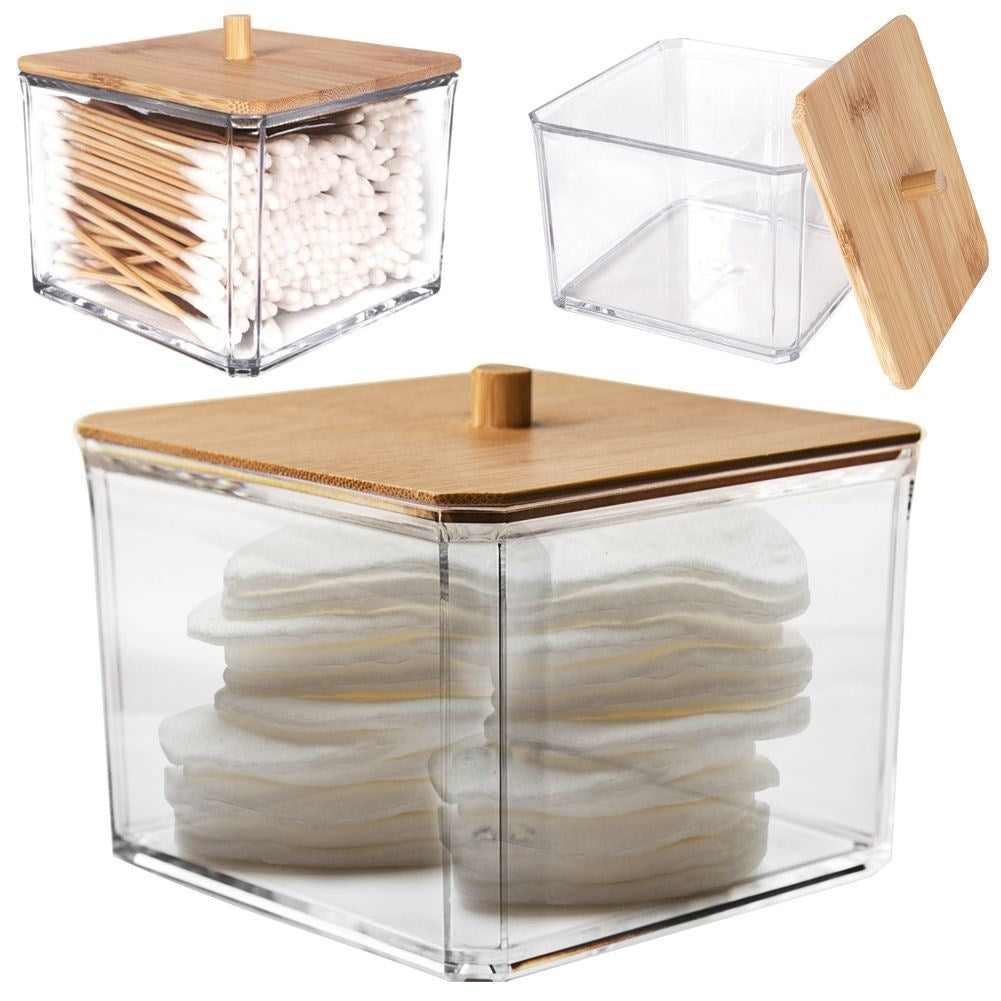Cotton pad container in acrylic and bamboo for the dressing table