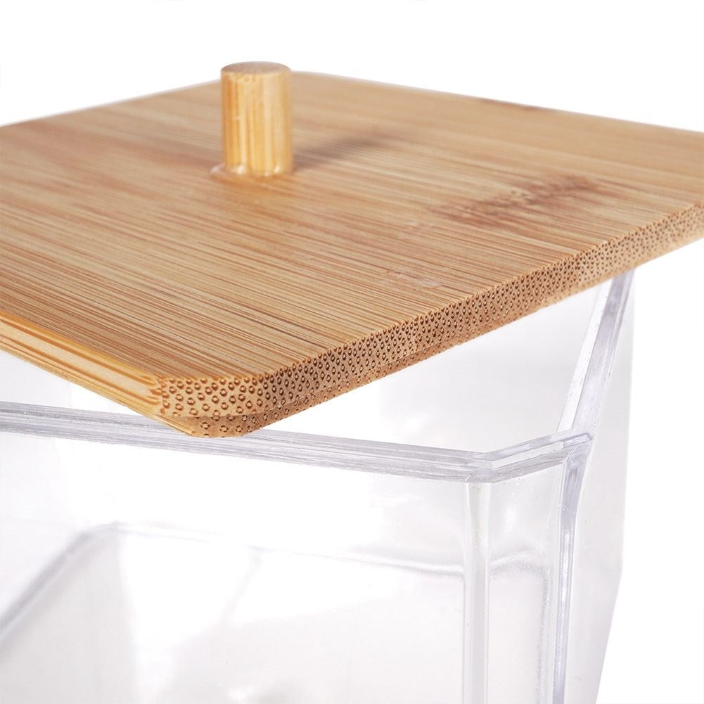 Cotton pad container in acrylic and bamboo for the dressing table